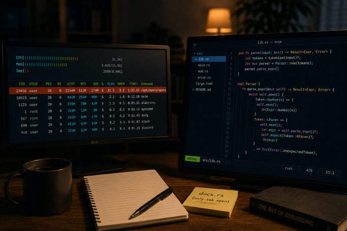 htop is opened with neovim on the side